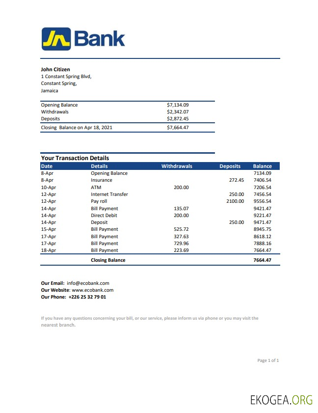 Modèle de relevé de la Banque nationale de Jamaïque facile à remplir au format de fichier .xls et .pdf